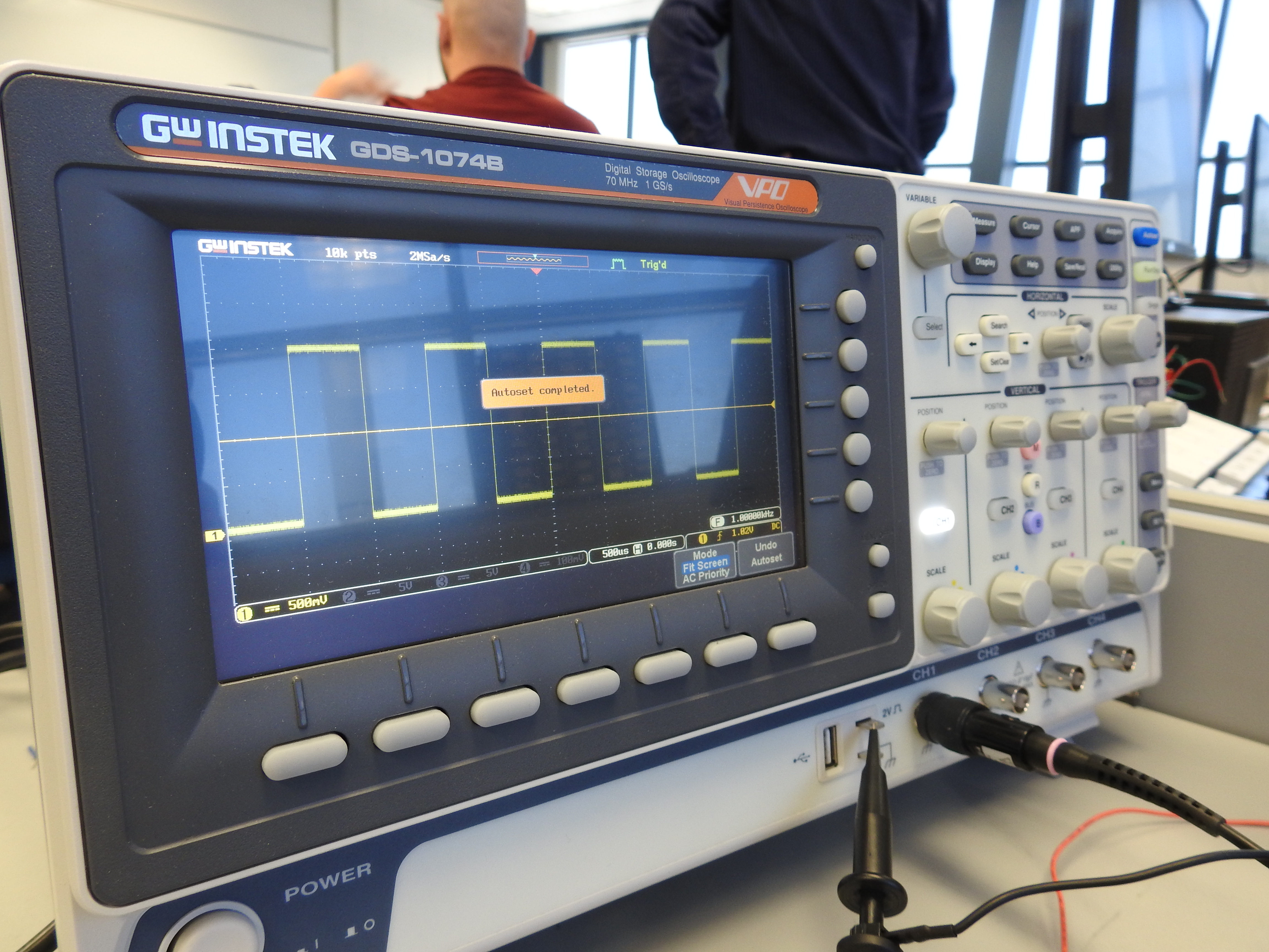 A photo of the GDS-1074B Digital Storage Osciloscope in the electrical engineering technology lab at Youngstown State University