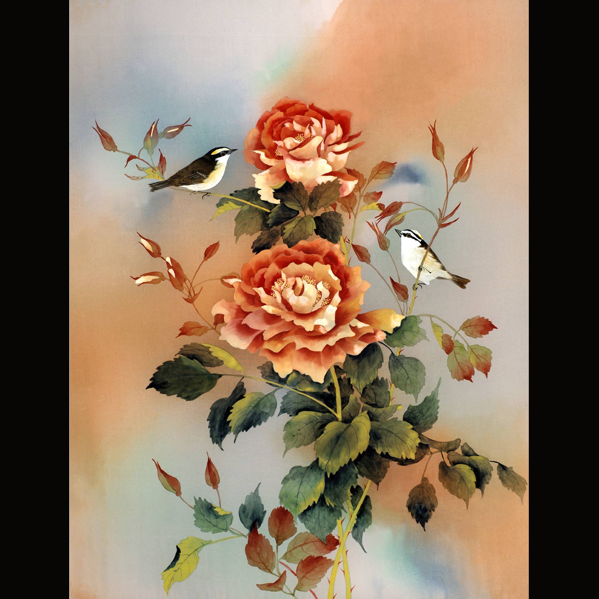 A painting of two birds sitting in a bushel of flowers