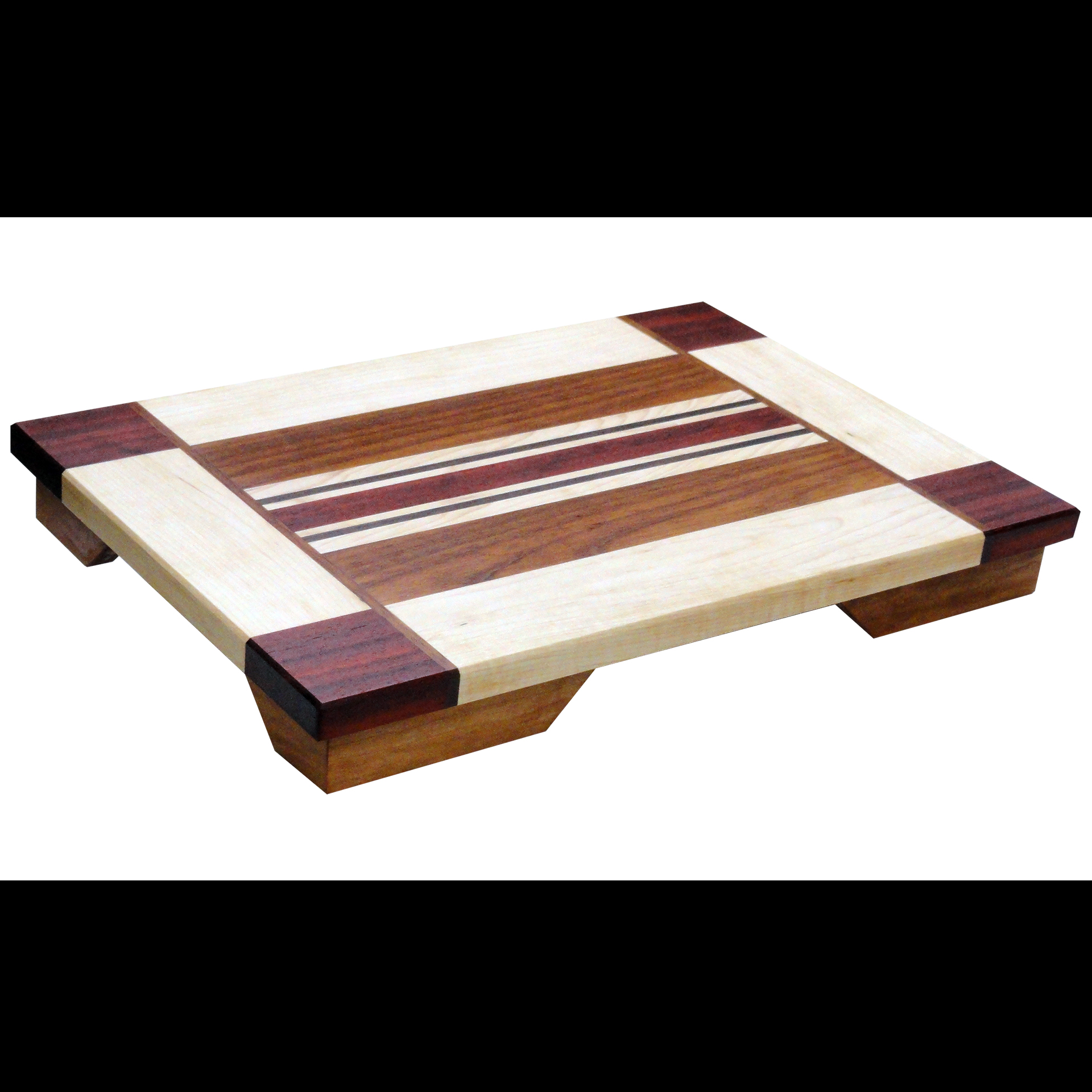 A short wooden table with several different colors of woodwork used in the design