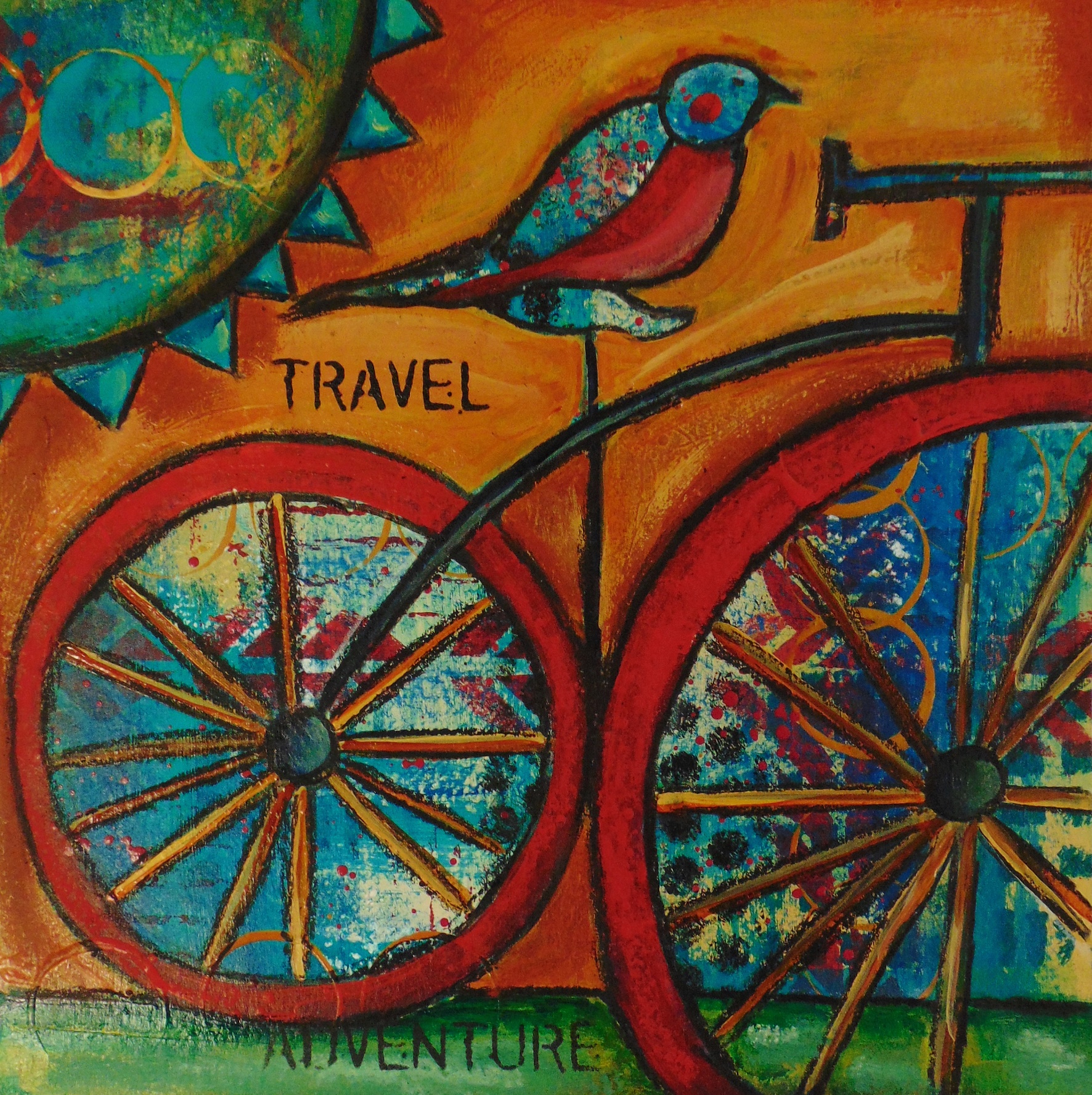 painting of a bird on a bike