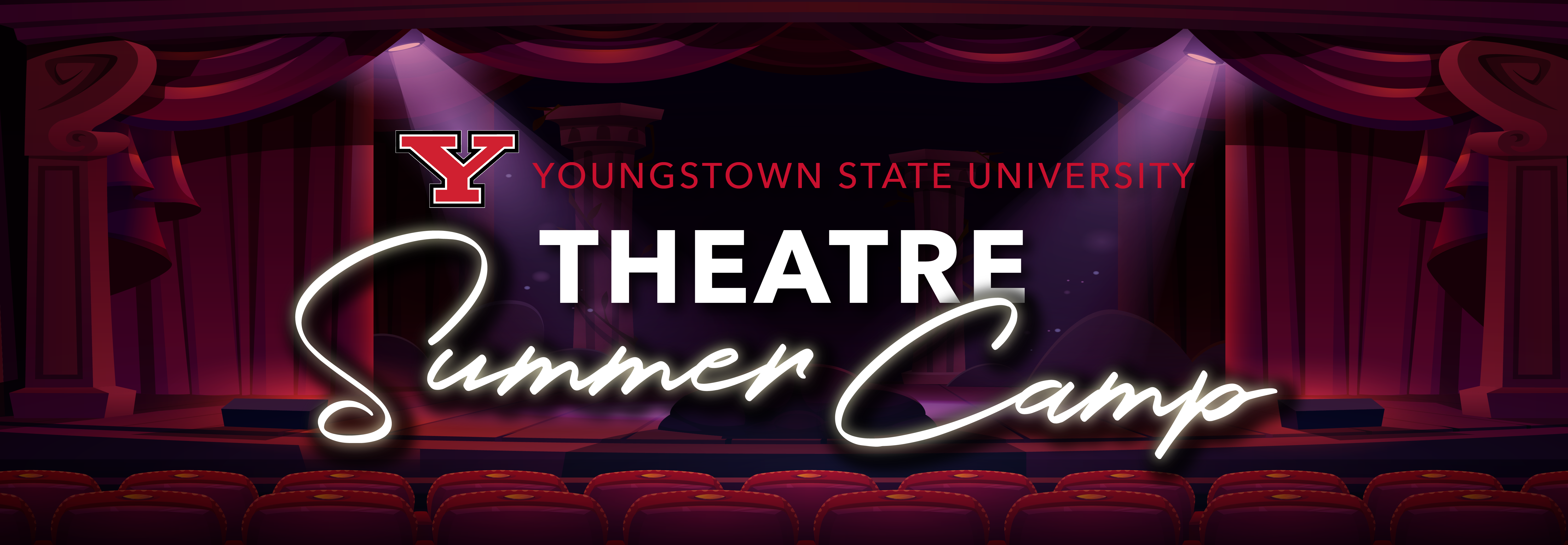 a dim theatre stage with red seats and YSU theatre summer camp text over it