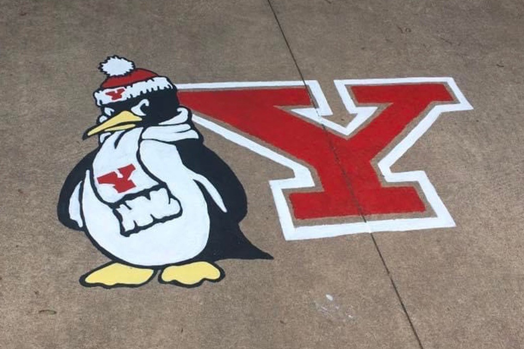 A picture of the Pete the Penguin logo with the Y logo painted on a driveway