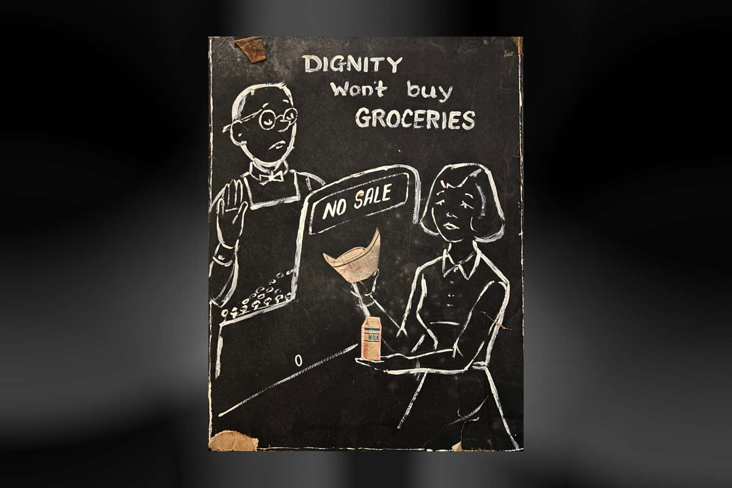 A historical cartoon from the 1964 Youngstown Nurse's strike that says Dignity won't buy groceries with a nurse being denied milk