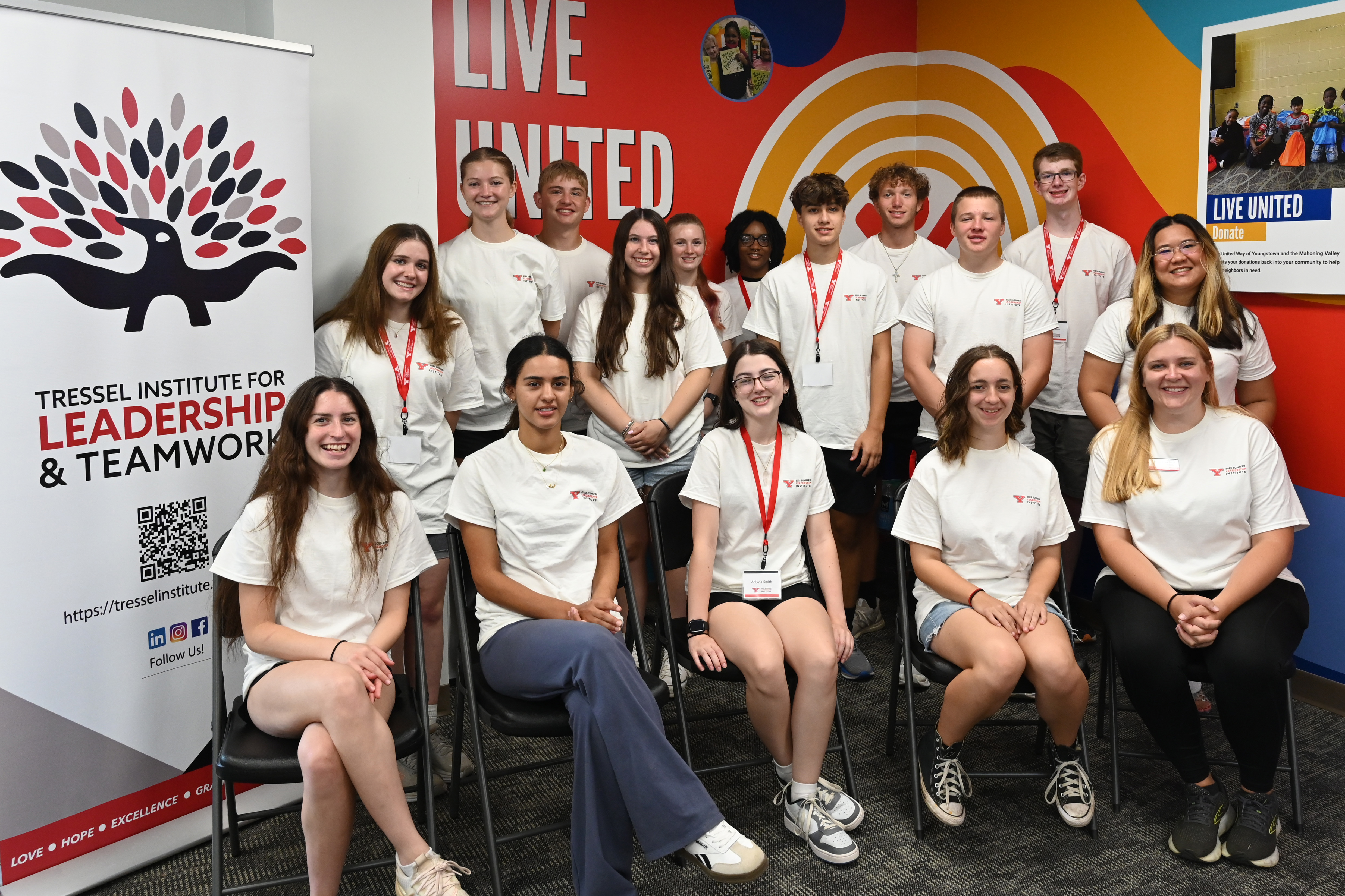 High school juniors and seniors from across the Mahoning Valley recently gathered in front of a Tressel Institute for Leadership &amp; Teamwork banner at the United Way