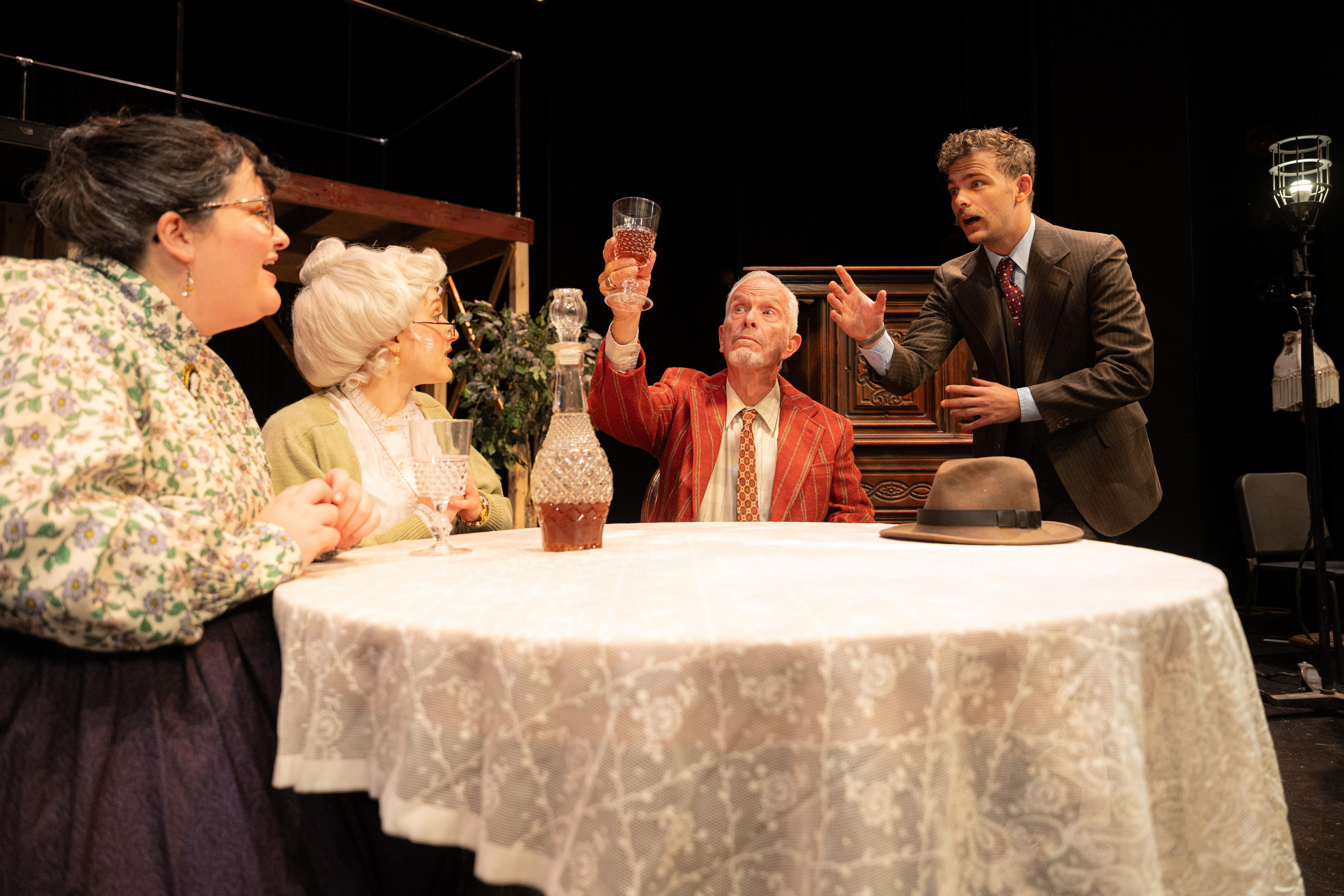 Promotional photo for the production of Arsenic and Old Lace, featuring Adriana Rosario; Natalie Ciccone; YSU President, Bill Johnson; Noah Dudai