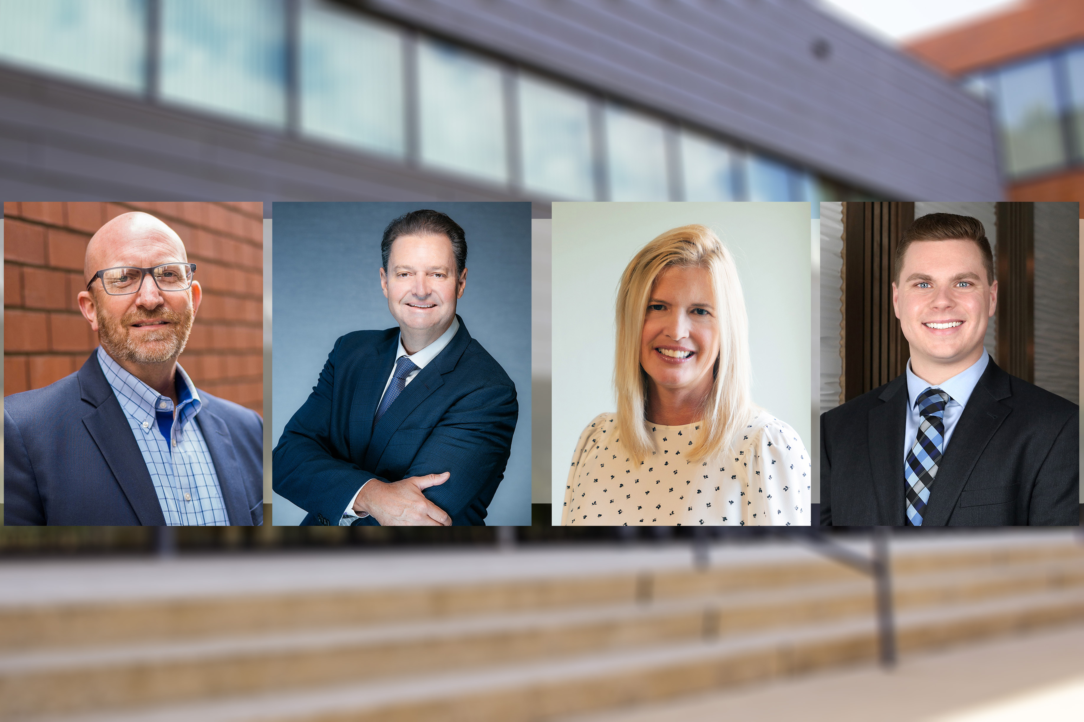 Headshots of WCBA Alumni Award winners superimposed over a screen of the WCBA building