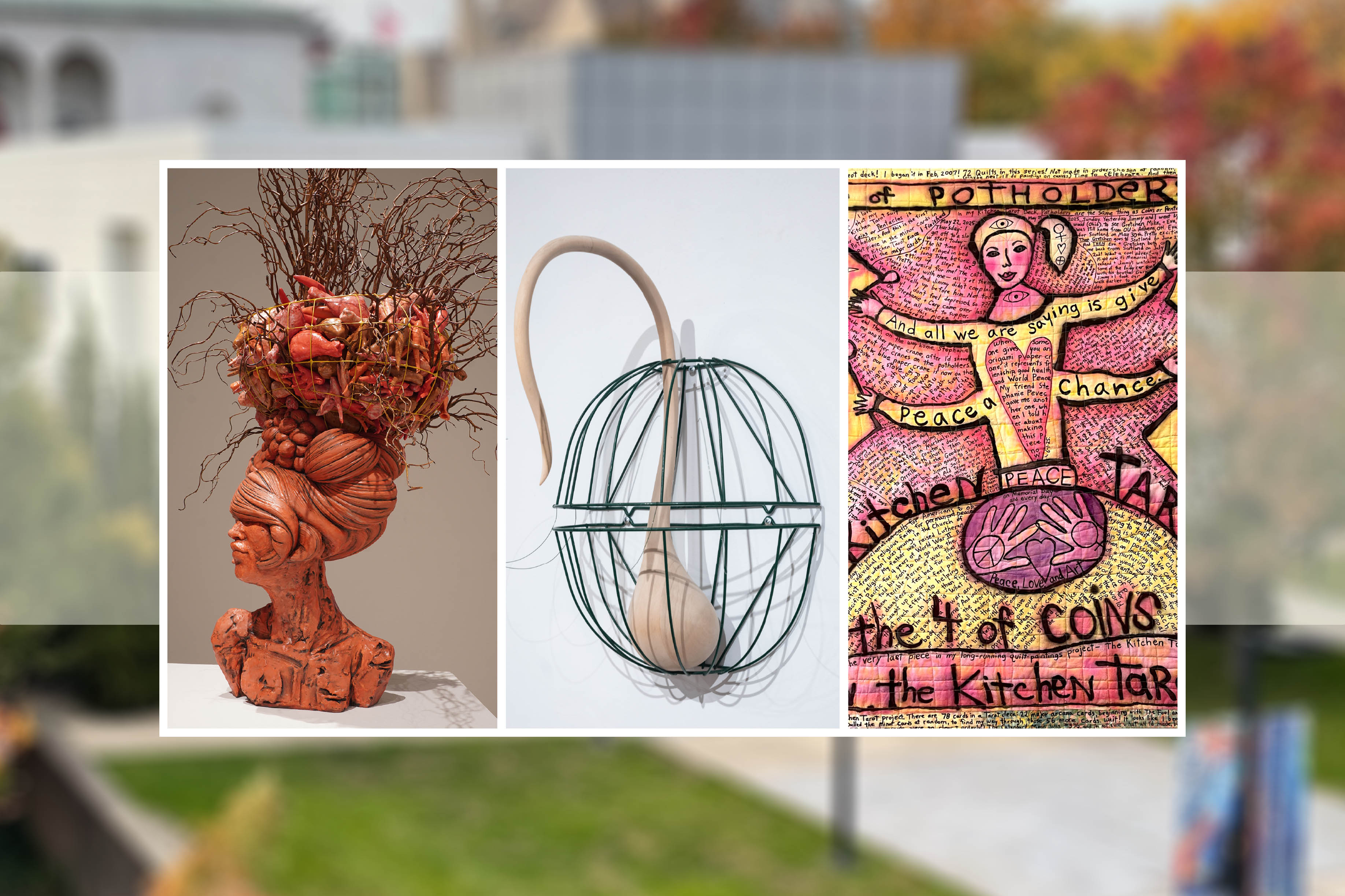 Header image with photos from a piece of art from each of the 3 shows to take place at the McDonough Museum of Art