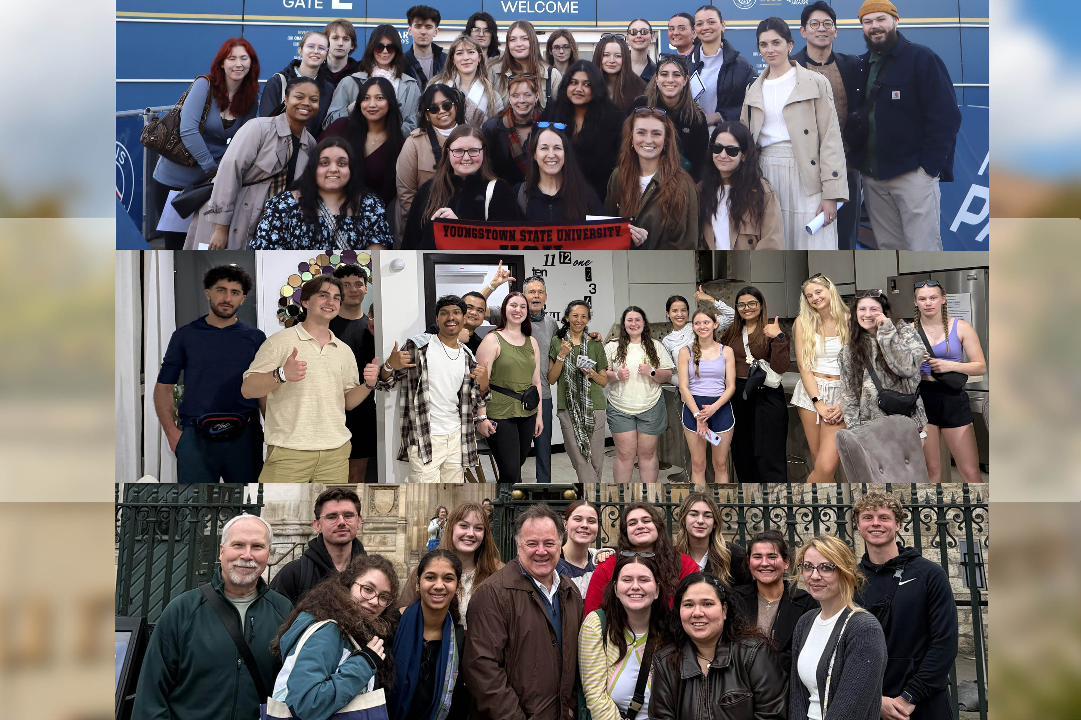 Students from YSU's faculty led study abroad trips over Spring Break pose as groups