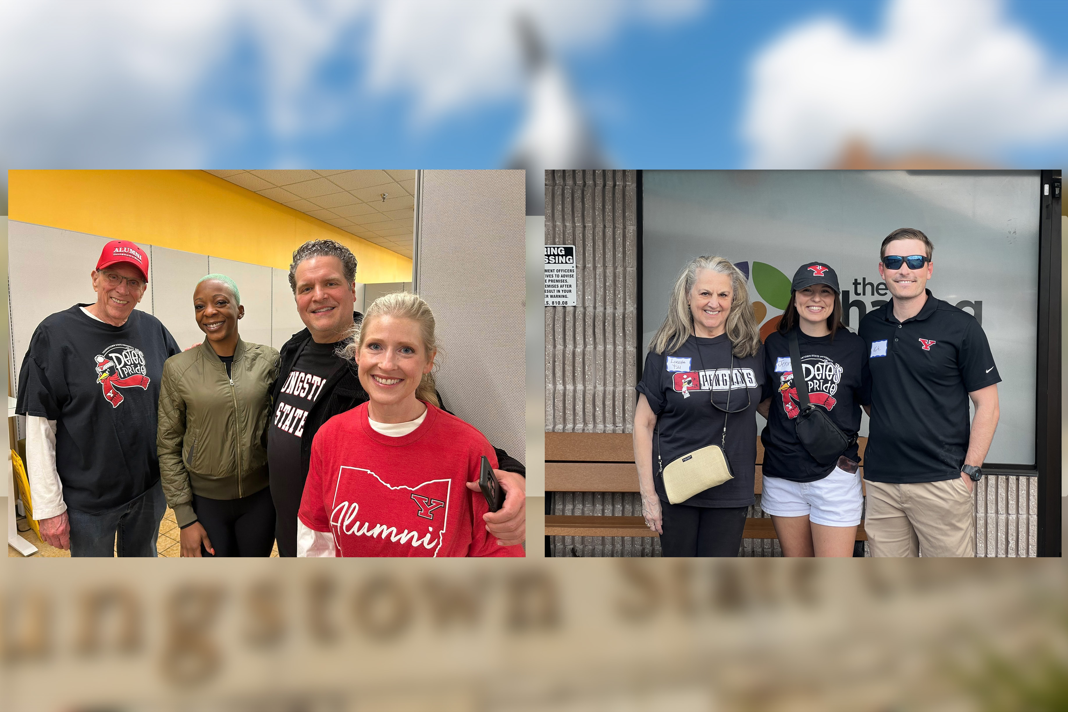 Group shots of alumni volunteers in Columbus and Orlando wearing YSU shirts