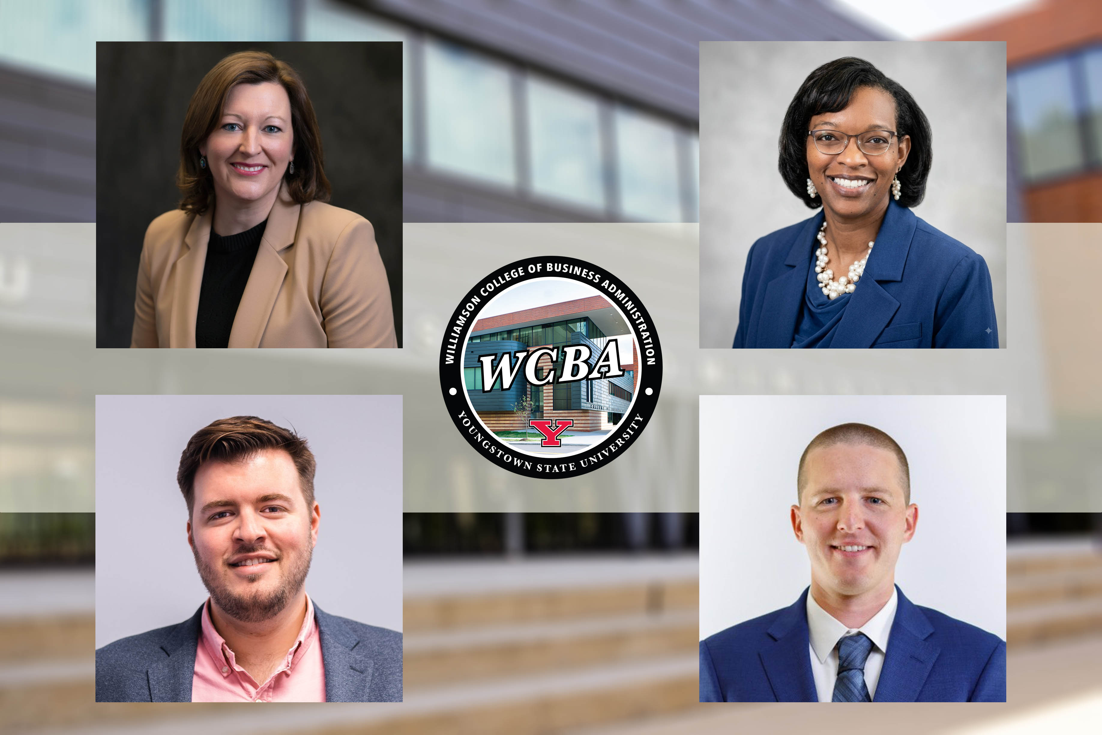 Four headshots of Alexa Sweeney Blackann, Trinette Simon, Nicholas Chretien, and Justin Vinkler with the WCBA badge logo in the middle