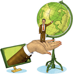 Tiny man standing on palm of a hand pointing at globe.