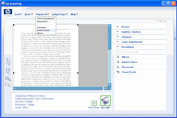 hp scanning screen shot showing advanced menu options of color adjustment, resolution, descreen, invert colors, and mirror.