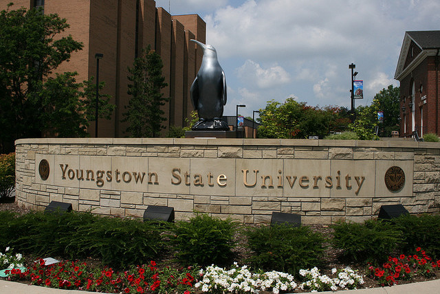 YSU stone wall with a statute of the YSU penguin.