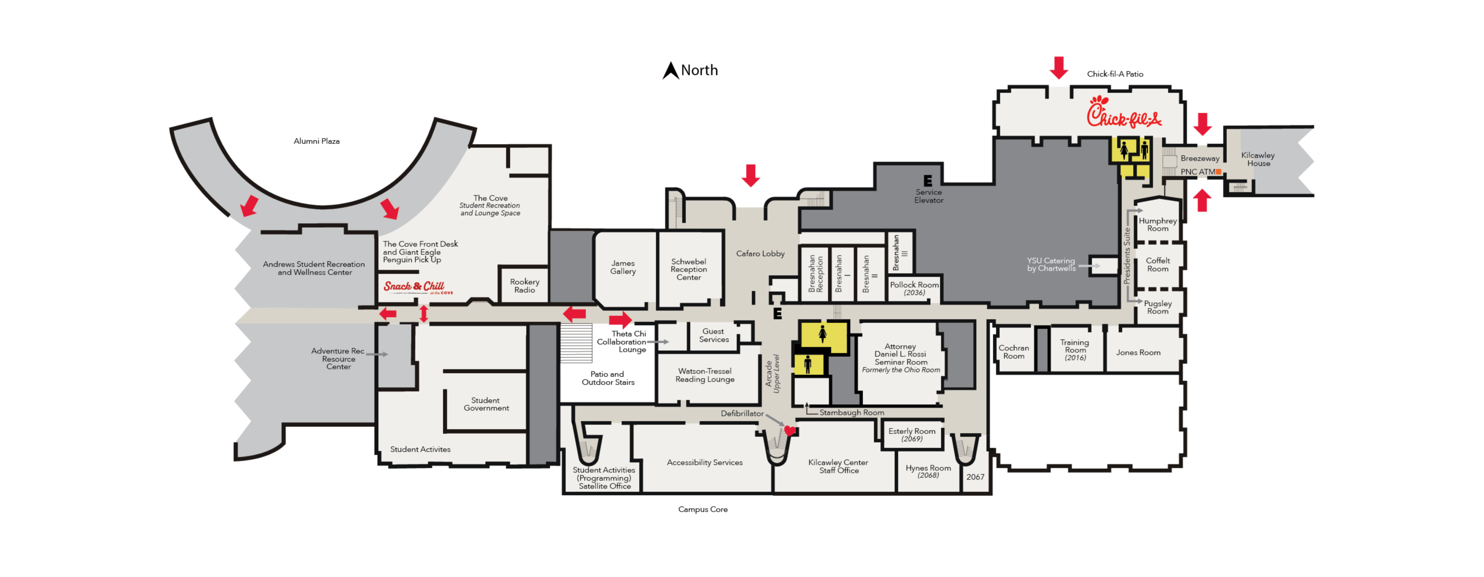 map of upper level of kilcawley center with room names, and restaurant names etc…