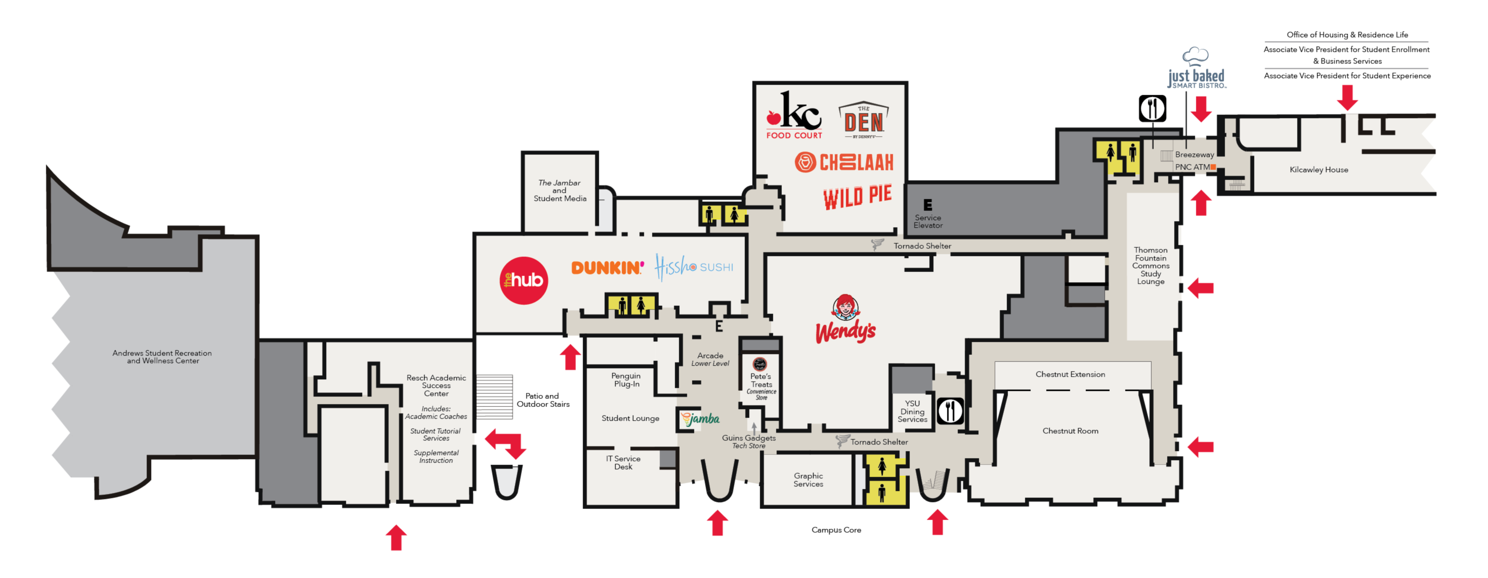 map of lower level of kilcawley center with room names, and restaurant names etc…