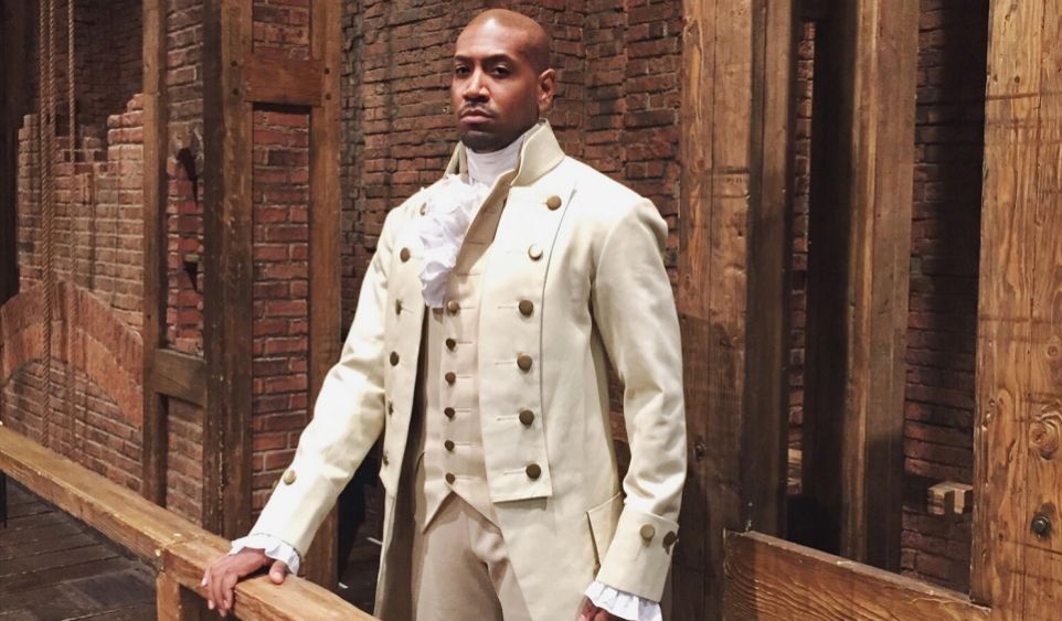 Bryan Terrell Clark in costume for his role as George Washington in the Broadway musical Hamilton 