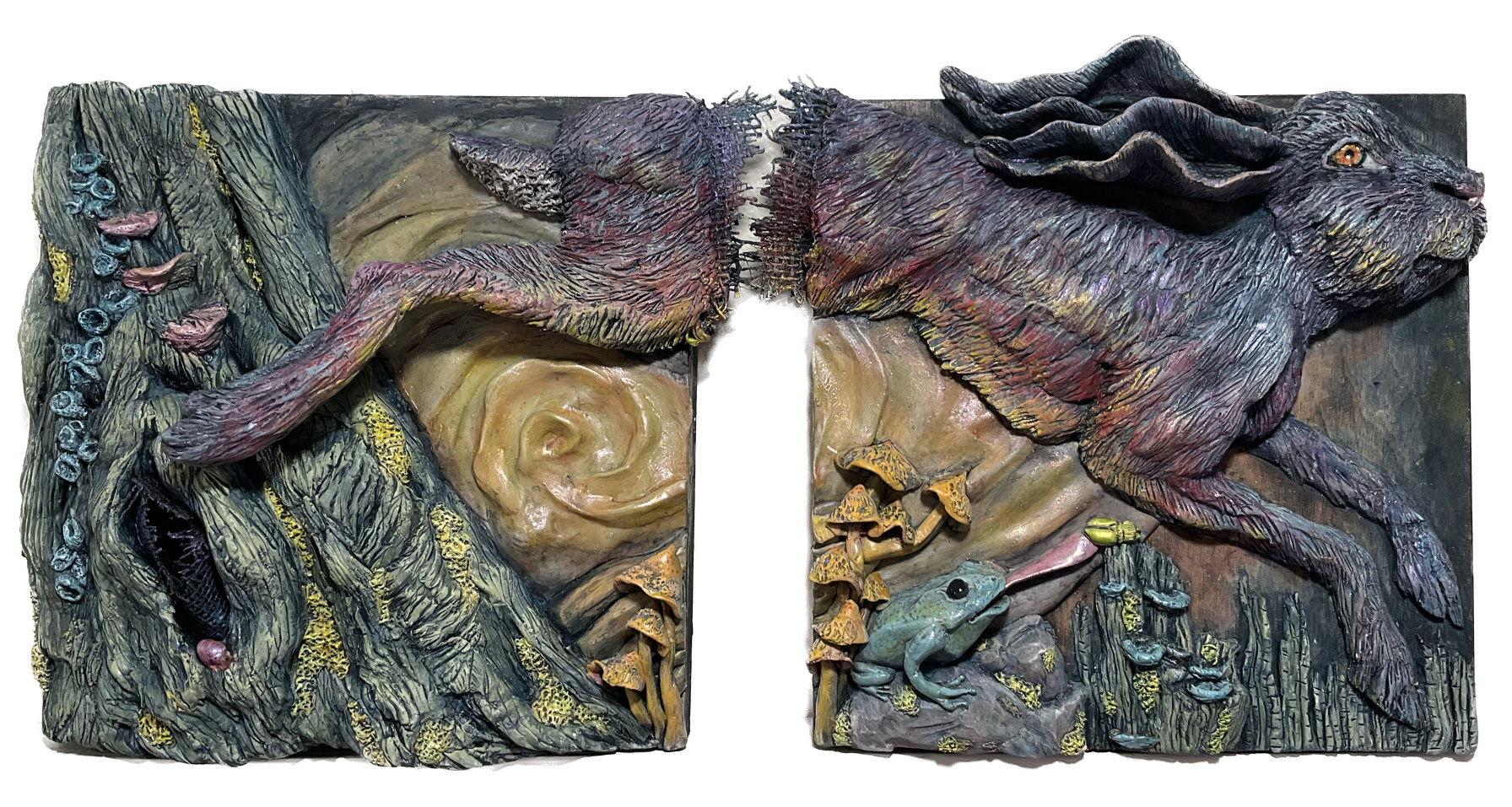 Finocch's diptych relief sculpture, called “Unraveled: the Escape.”