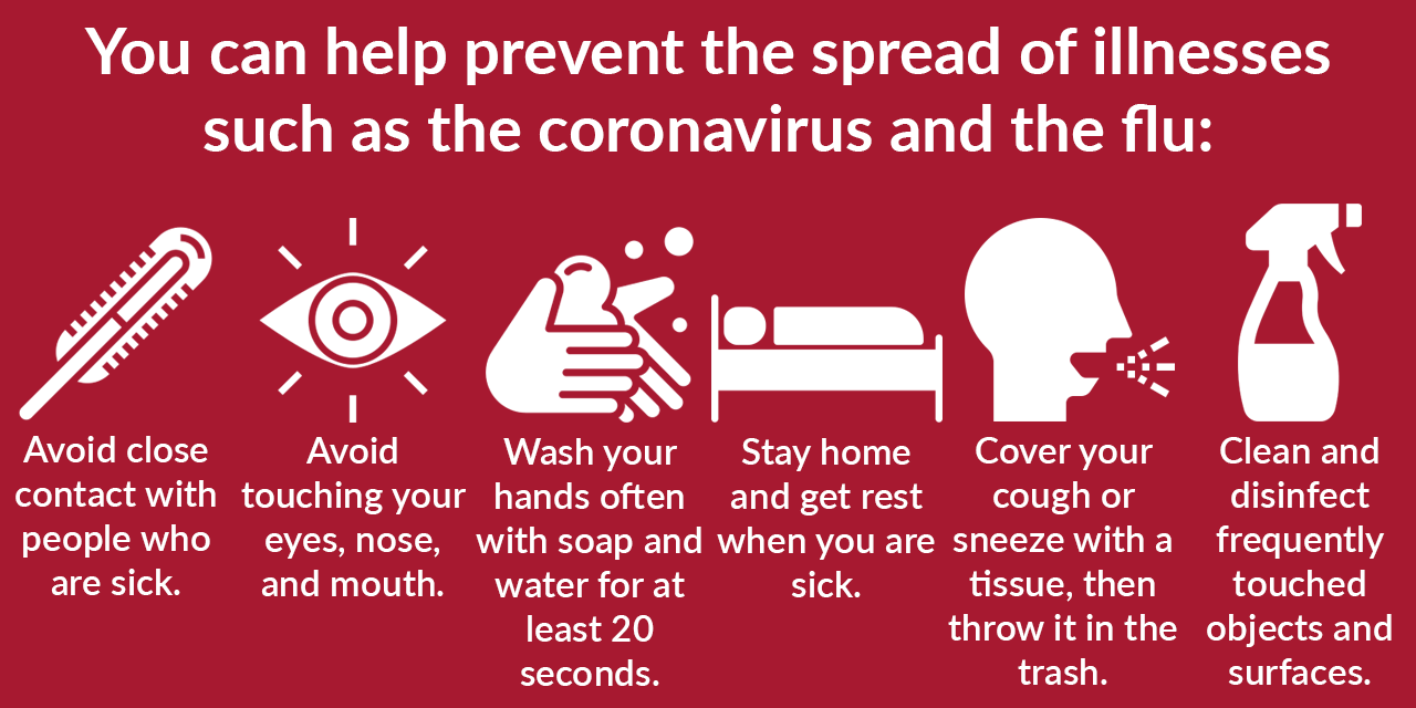 You can help prevent the spread of illnesses such as coronavirus and the flu: Avoid close contact with people who are sick. Avoid touching your eyes, nose, and mouth. Wash your hands often with soap and water for at least 20 seconds. Stay home when you are sick. Cover your cough or sneeze with a tissue, then throw it in the trash. Clean and disinfect frequently touched objects and surfaces.