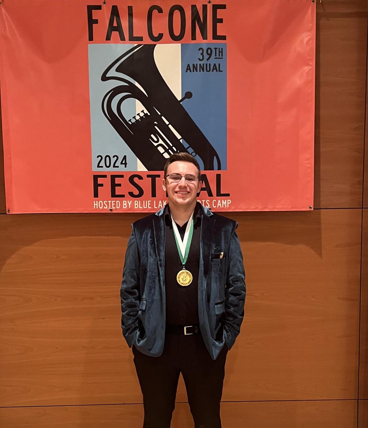 Ryan Lamb with his gold medal at Leonard Falcone International Euphonium and Tuba Festival