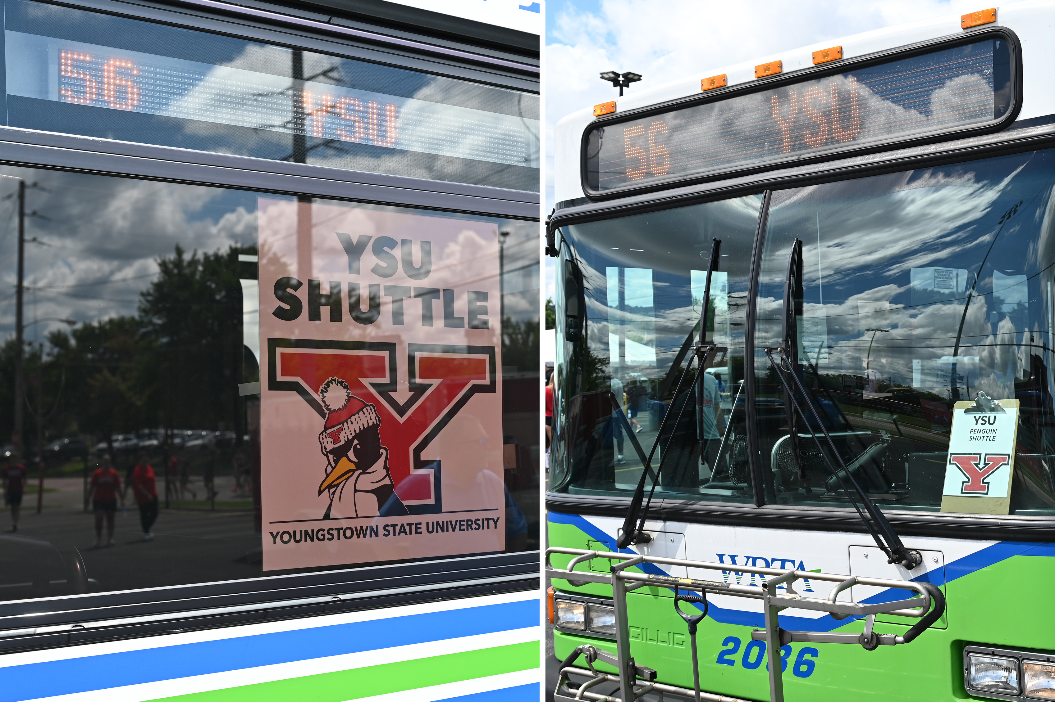 Images of the YSU signage in the side and front windows of a WRTA bus