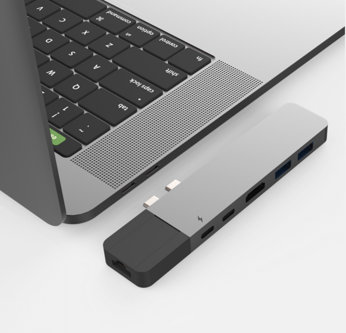 HyperDrive NET 6 in 2 hub pictured where USB-C slot is located on MacBook Pro