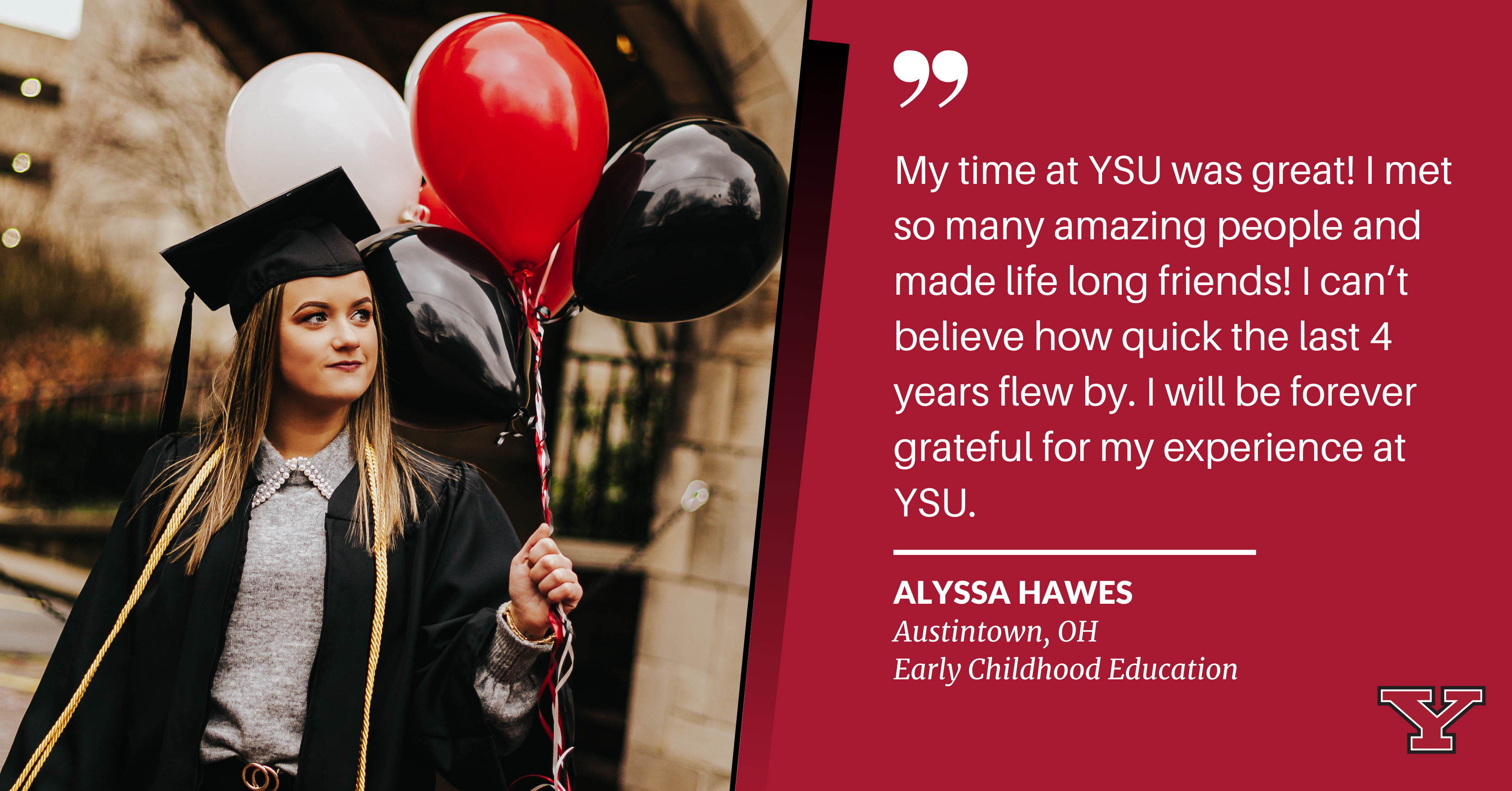 Alyssa Hawes posing with balloons in graduation gear
