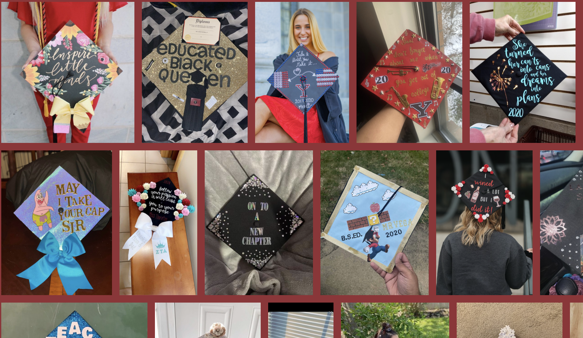 Photos of decorated graduation caps on a photo album site