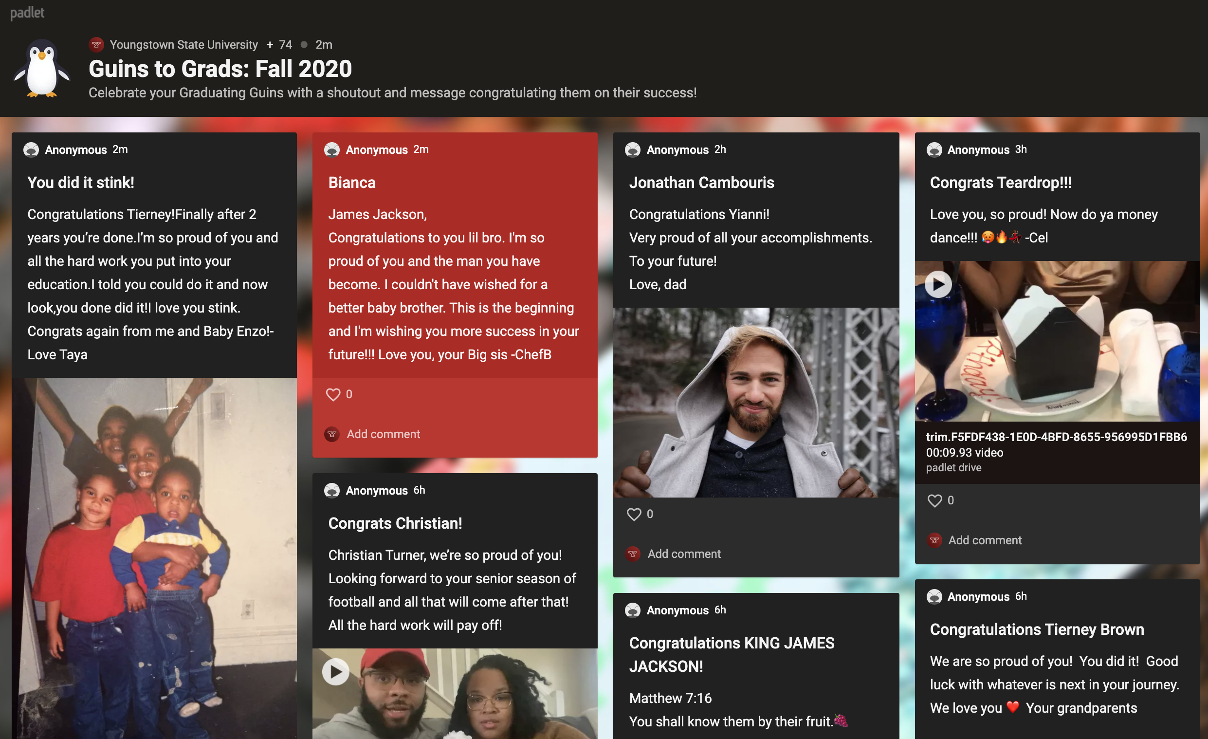 Screengrab of Padlet page with messages from families