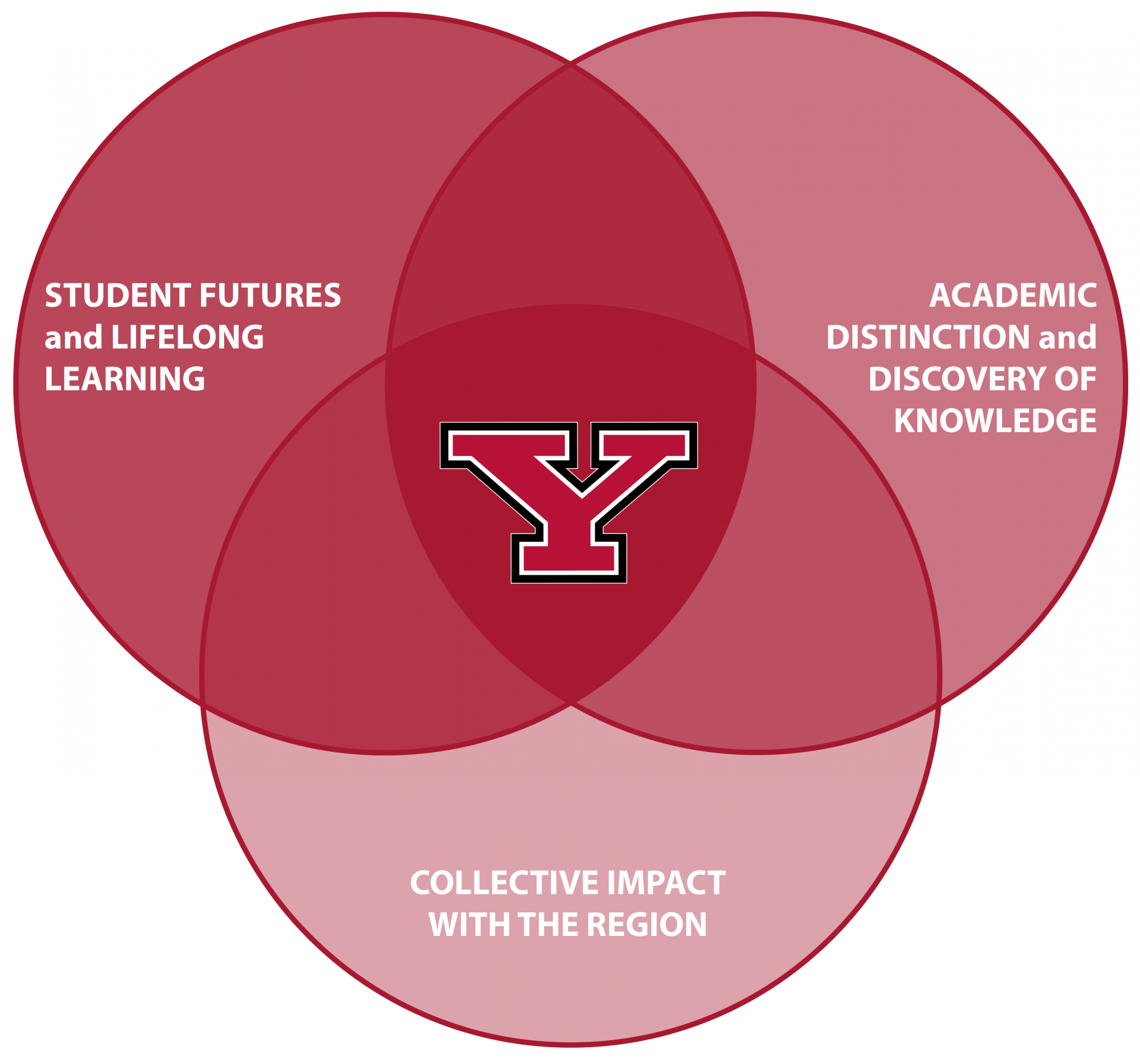 Strategic Planning venn diagram showing the intersection of student futures and life long learnnig, academic distinction and discovery of knowledge and collective impact within the region.
