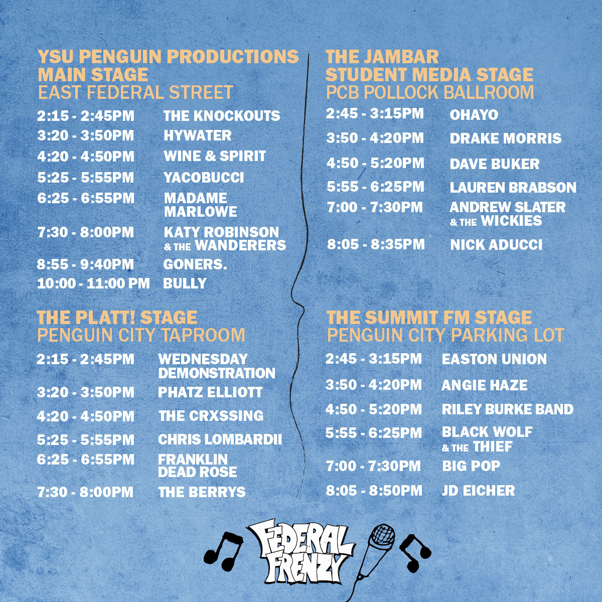 lineup of acts on four stages with times for each event