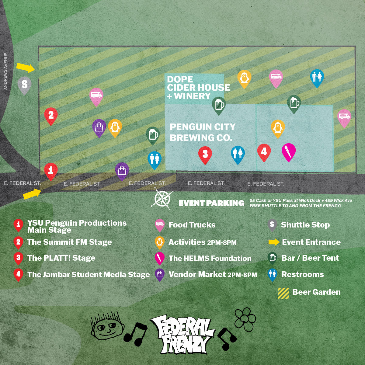 map with entrance, stages, food, activities, vendor market, shuttle stop, beer tent, restrooms, etc.