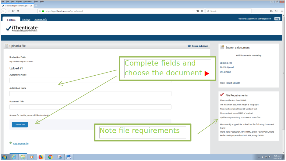 iThenticate fields that need completed and place for document to be put.
