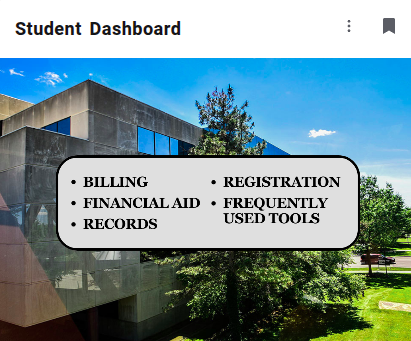 a screenshot of the student dashboard card in the penguin portal, displaying a background image with meshel hall and a foreground box denoting what is on the student dashboard