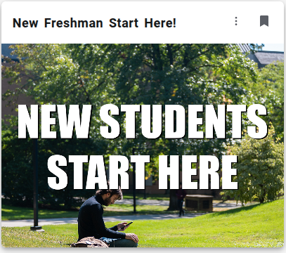 new student start here text over image of student on green hill