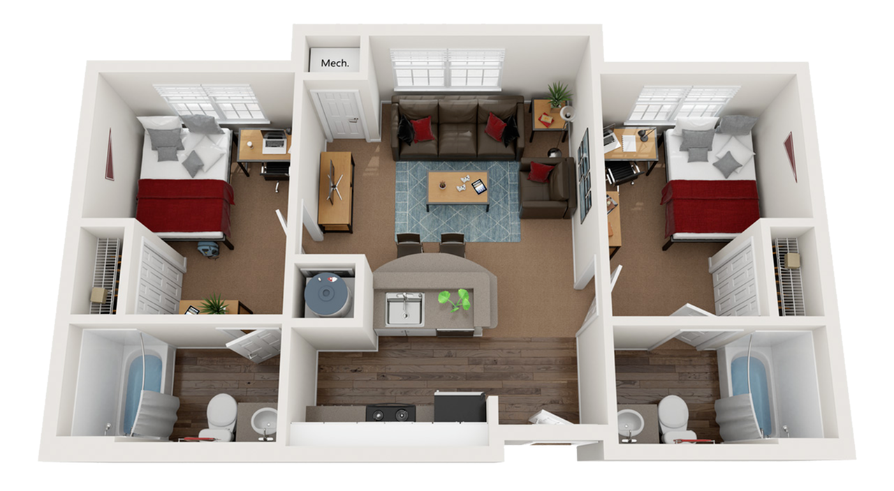 3d rendering 4 bedroom 2 bath unit