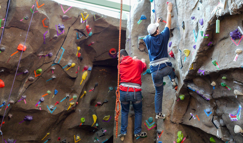 students climbing collegiate rock wall