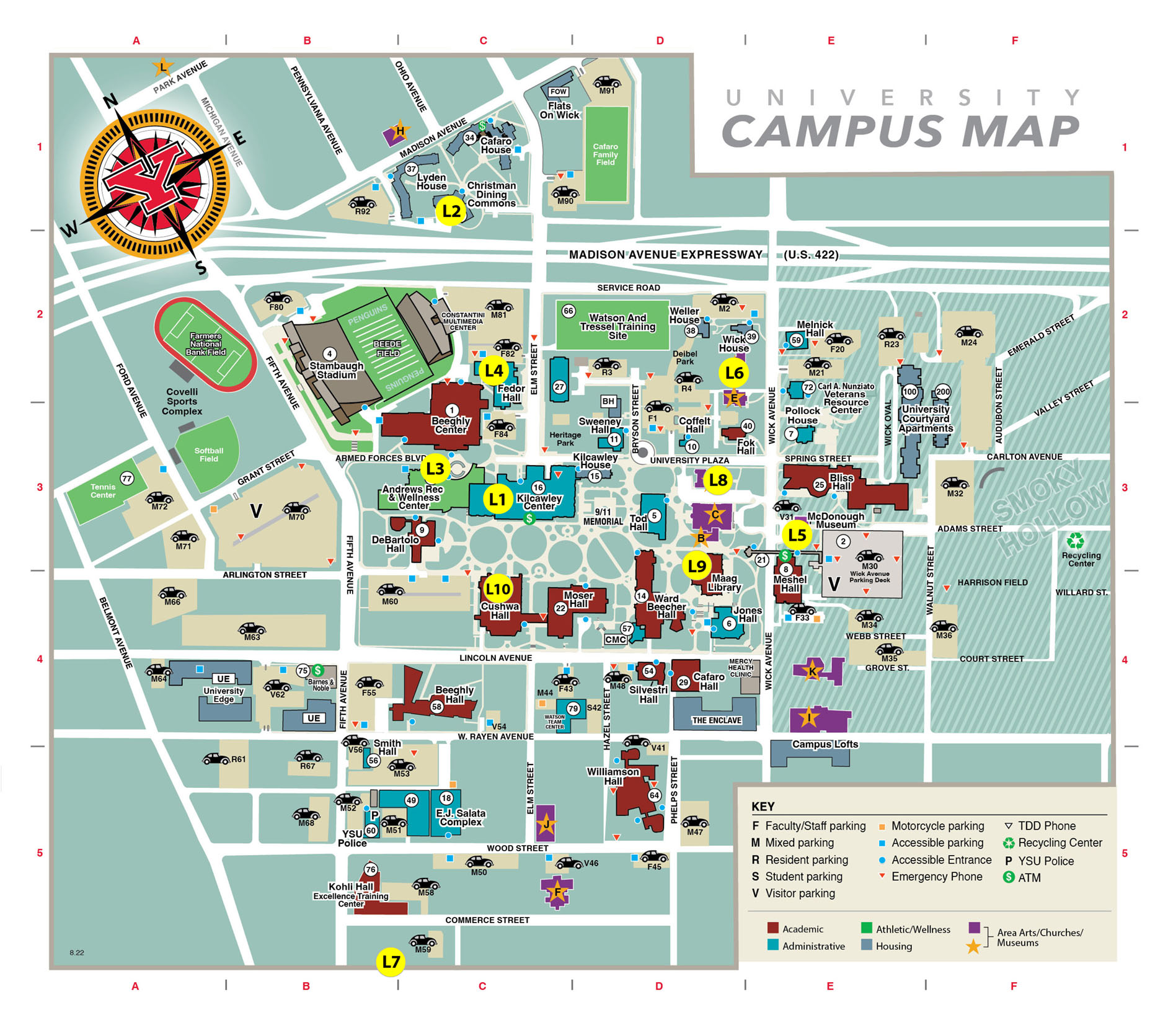 YSU campus map with certain locations highlighted