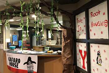 In the spirit of homecoming - Cafaro House front desk decorations