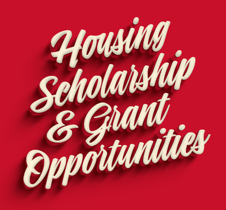 red tile with white Housing Scholarship & Grant Opportunities text