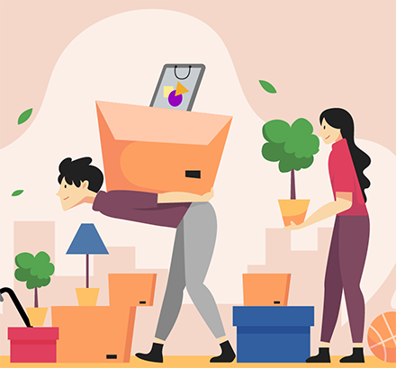 stylized illustration of a guy and a girl moving out of a dorm room