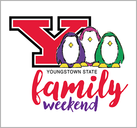 ysu family weekend logo with three drawn penguins, purple pink and green