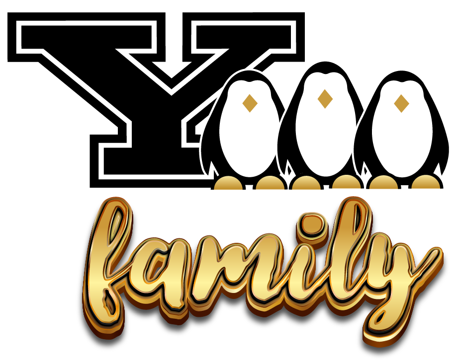 ysu family logo on black background with three black drawn penguins with gold feet 