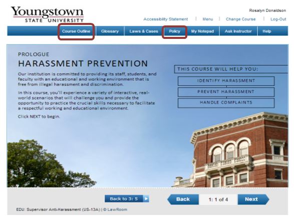 eLearning prologue with course outline and policy tabs emphasized.