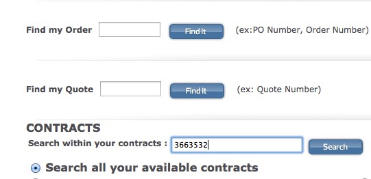 Find my order search bar. Find my quote search bar. Search by contract number search bar.