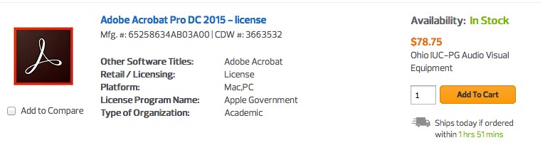 Purchase page for Adobe Acrobat Pro DC 2015 license showing manufacturing and cdw #’s. other software titles, retail/licensing, platform, licensing program name, type of organization, availability, and price.