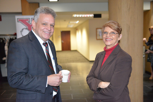 Sal Sanders, dean of the College of Graduate Studies, and Annette Burden, professor of Mathematics and Statistics, at the Faculty Recognition Breakfast in Tod Hall. Burden is receiving the Distinguished Professor Award for Excellence in Service.
