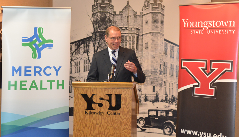Don Kline, president and CEO, Mercy Health-Youngstown, speaks at the news conference on campus.