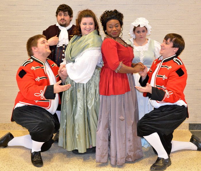 Among the cast members in the YSU opera, Così fan tutte, are: front row Victor Cardamone, Kathryn Cramer, Sierra McCorvey, Anthony Humphrey, and second row Dean La Salandra and Erika Walker.
