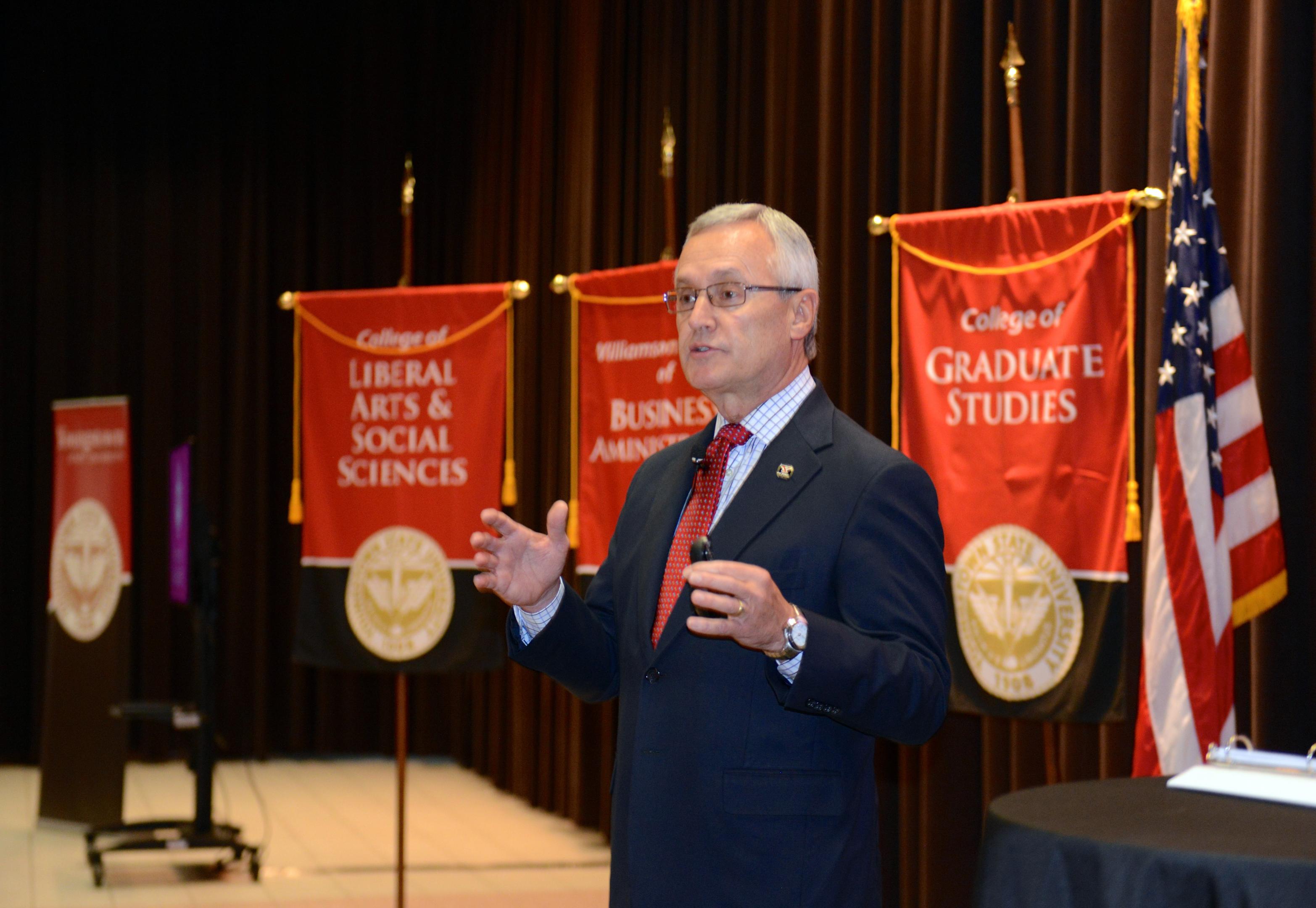 President Tressel addresses the audience during the 2018 State of the University Address