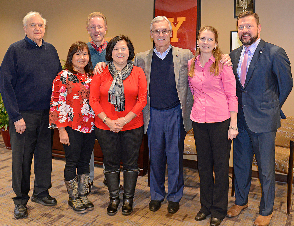 Representatives from the Youngstown General Duty Nurses Association met recently with YSU President Jim Tressel to finalize the association's $300,000 donation to establish a scholarship endowment for YSU Nursing students. Pictured from the left are Atty. Dennis Haines, YGDNA board members Hermenia F. Harper and John A. Klimko, YGDNA Vice President Jeannie Mulichak, Tressel, YGDNA President Laurie Hornberger and Brian Nord, senior development officer at the YSU Foundation.